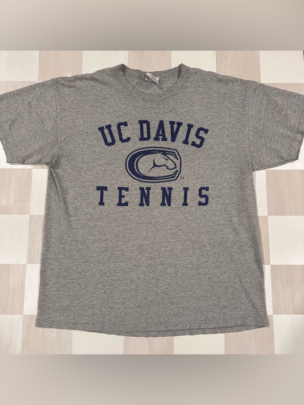 vintage uc davis tennis mustang aggies grey navy blue cotton blend tee 90s y2k